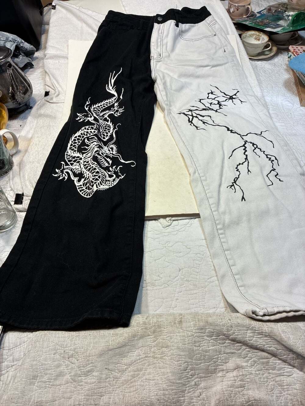 Colorblock Black And White Dragon And Lightning Print Wide Leg Denim Jeans